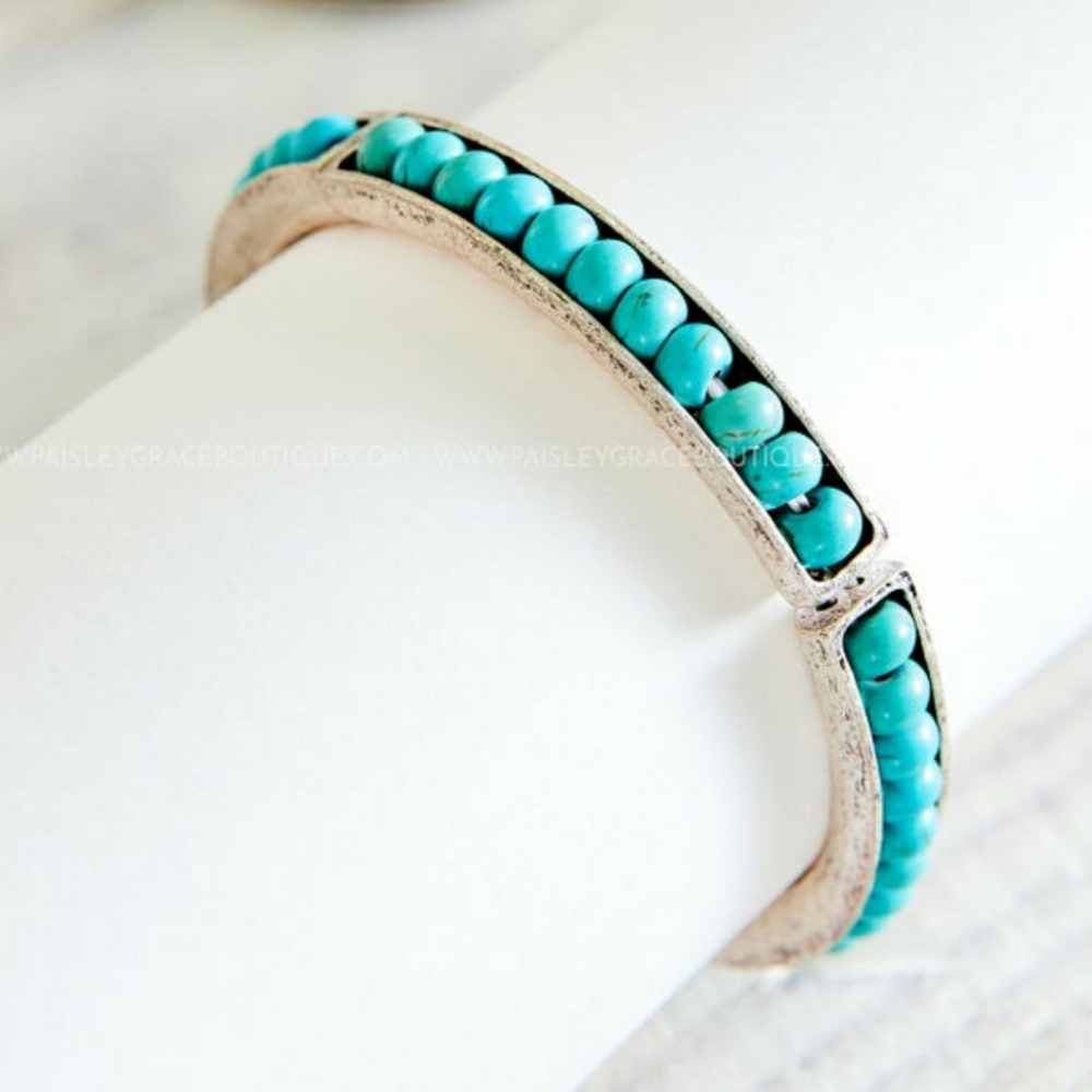 Silver Turquoise Beaded Stretch Bangle